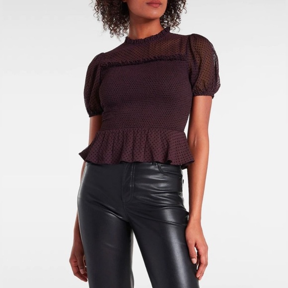Express Polka Dot Smocked Peplum Top in Dark Purple - Picture 1 of 11